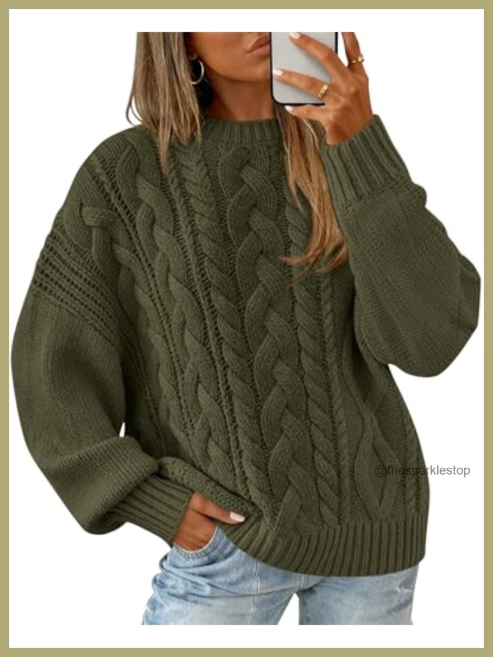 Cable Knit Sweater Crewneck Lantern Sleeve Oversized Pullover Women